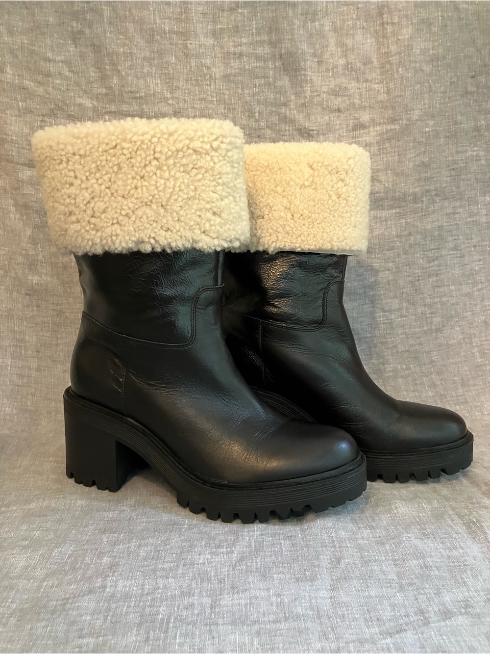 Marc Fisher Black Leather Boots with Sheepskin Cuff